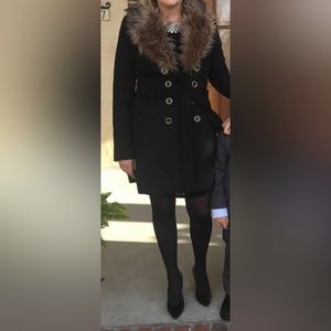 Guess | Women's Peacoat Black Faux Fur detachable collar Waist Tie Sz medium